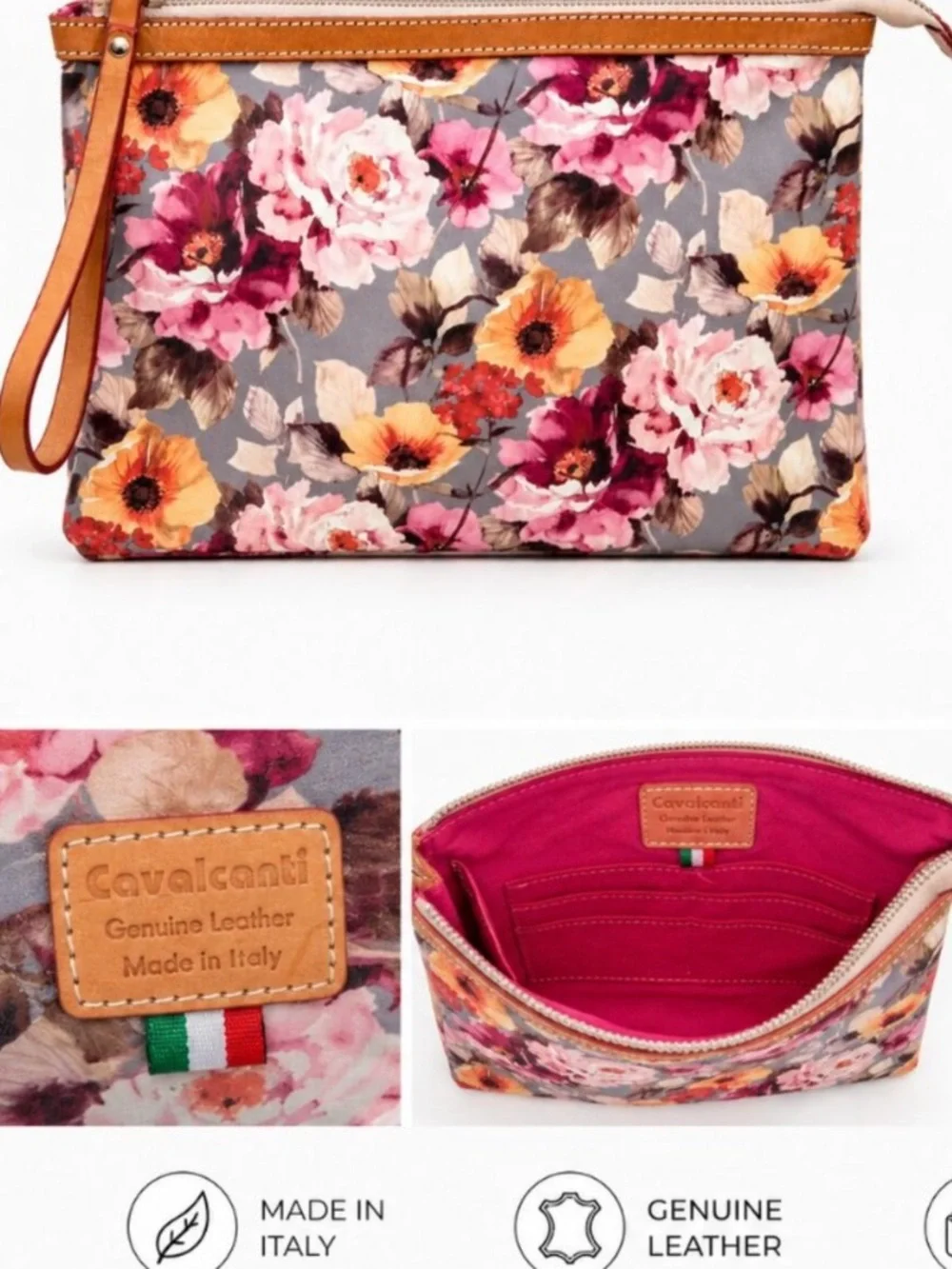 ‼️Made in Italy Floral Zip Wristlet Cosmetic Pouch in Pink, Yellow & Brown